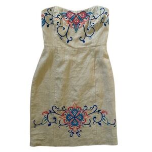 Banana Republic Linen Strapless Boho Floral Embroidered Dress Size 4